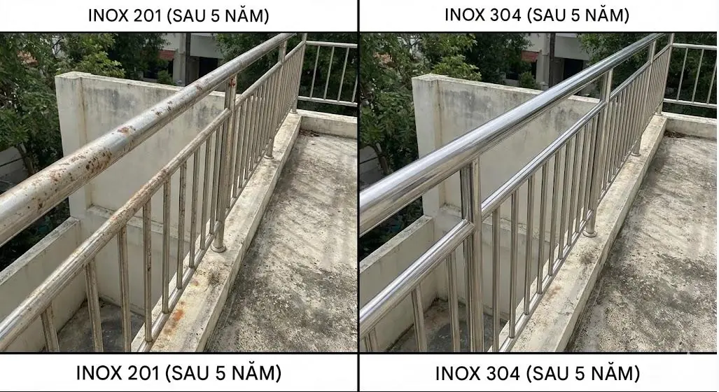 inox 201 v&agrave; inox 304 ngo&agrave;i tự nhi&ecirc;n sau 5 năm